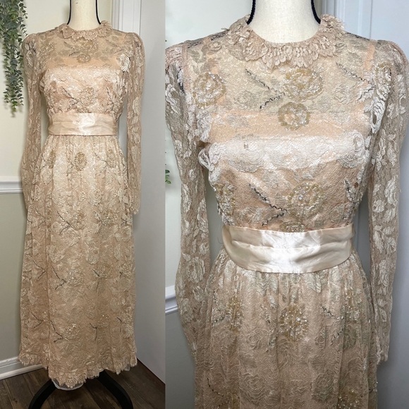 Rina diMontella Dresses & Skirts - Vintage Rina Di Montella Nude Lace + Sequin Midi Dress Size 6